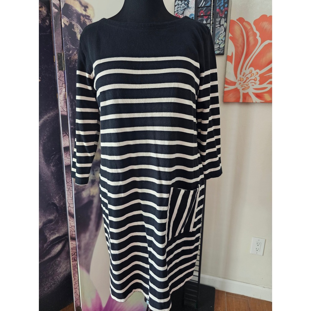 Garnet Hill Black Ivory Stripe 3/4 Sleeve Knit Dress Size‎ L "Green Cotton"